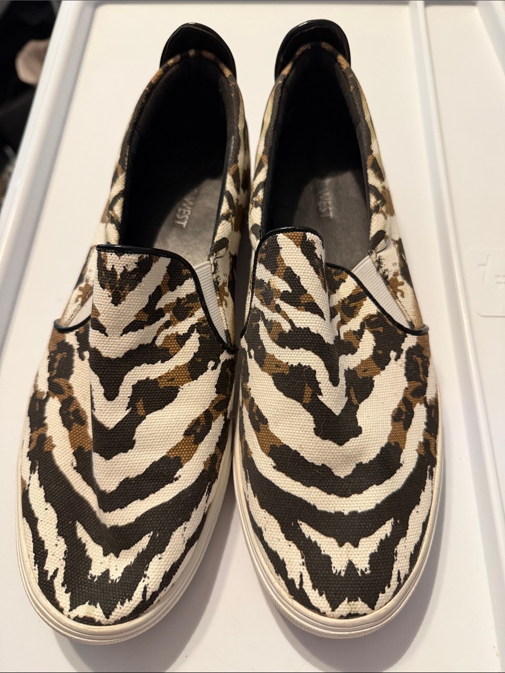 Nine West Black, White & Brown Zebra-Print Slip-On Sneakers